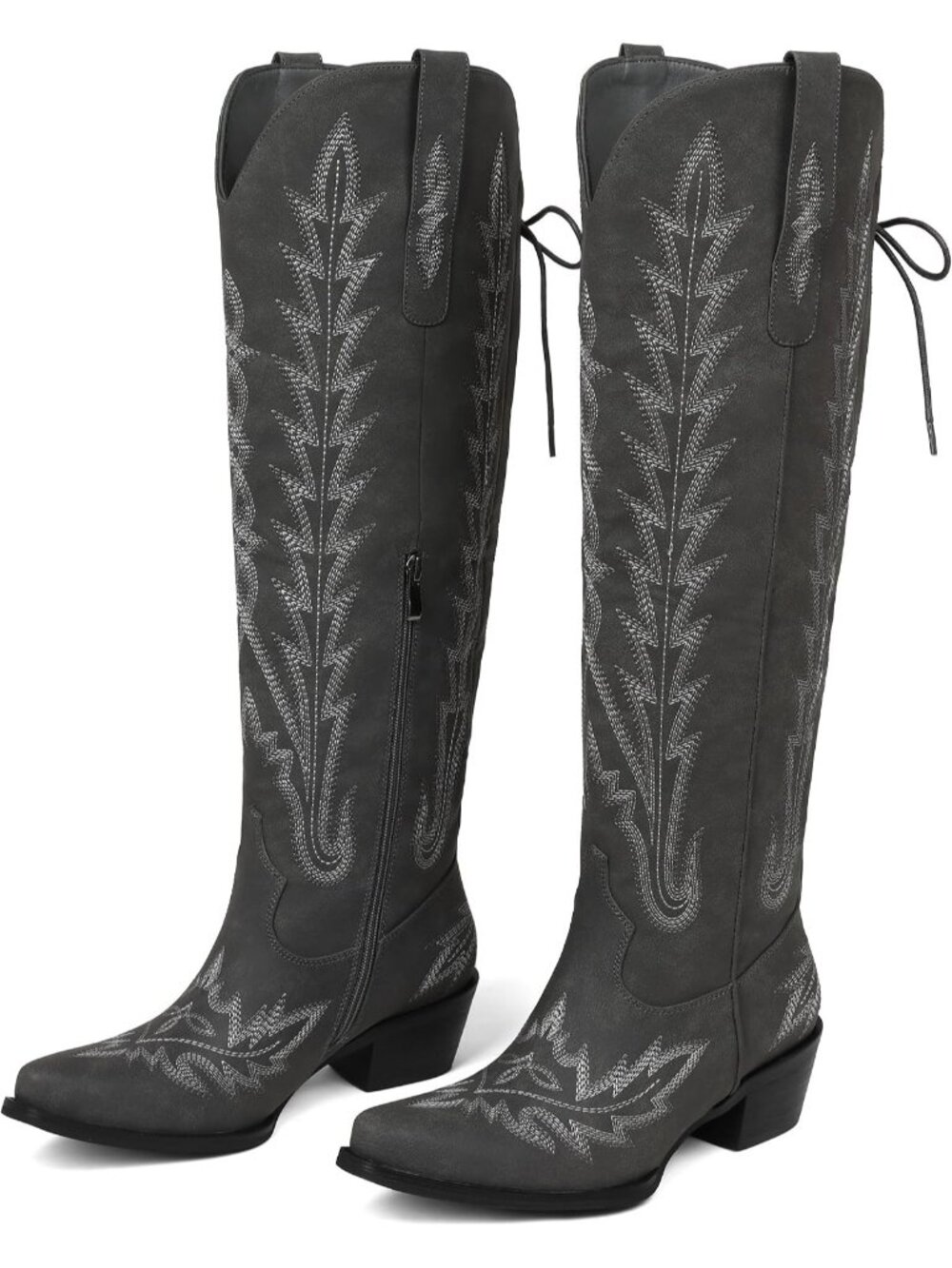 Women's Grey Cowgirl Boot Knee High Embroidered Lace Up Western Pointed Toe Boot